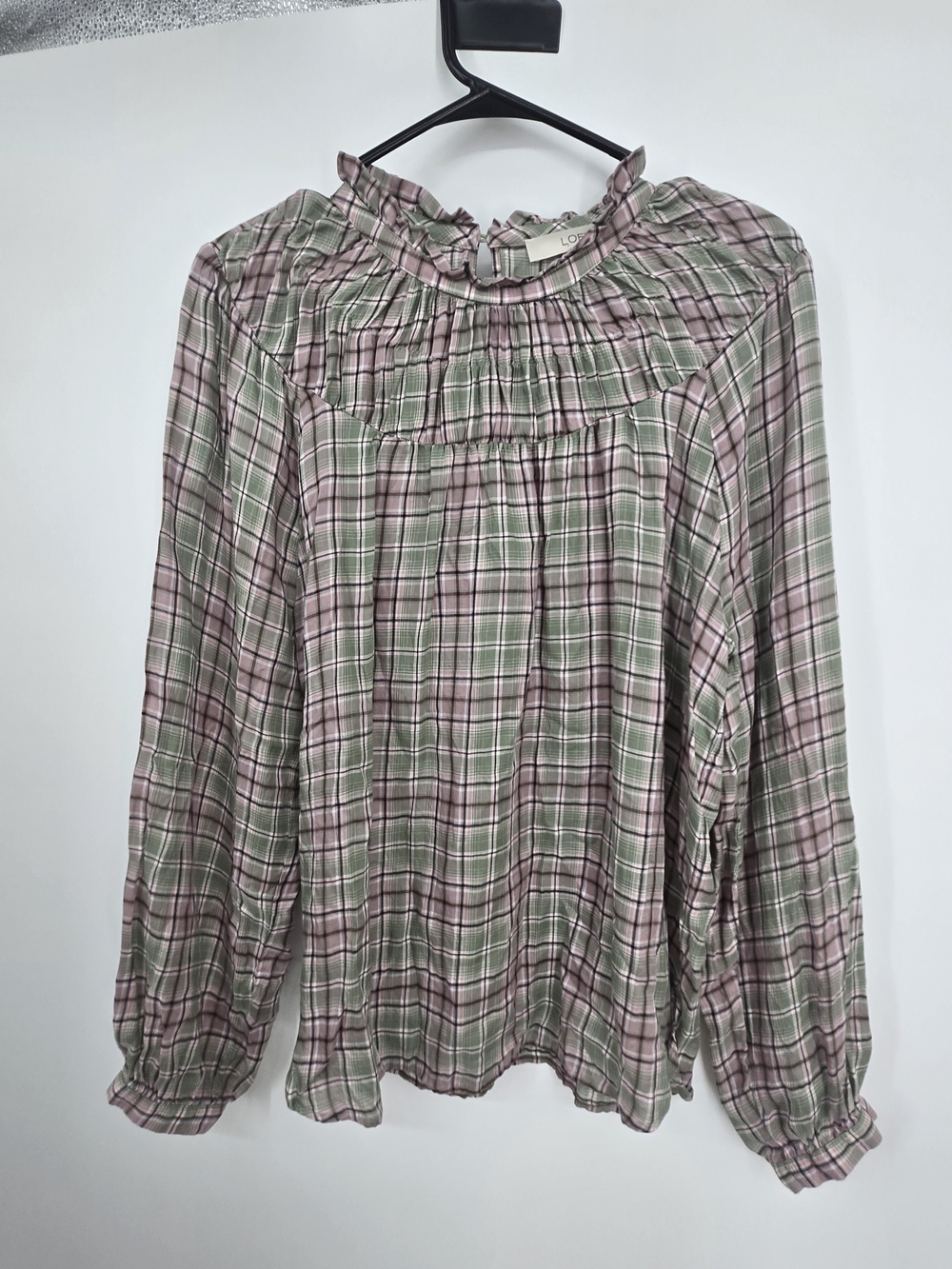 LOFT Pink and Green Plaid Ruffle-Neck Blouse Medium (8672)